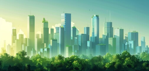 Futuristic ecofriendly city with skyscrapers and trees, sustainable urban planning, green metropolis, urban greenery, nature conservation
