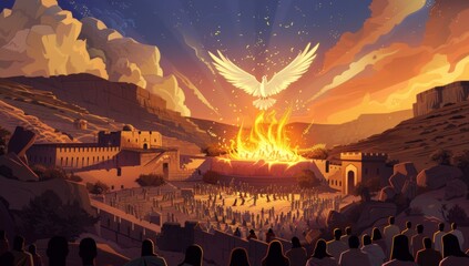 ancient Israel, the Lord's fire above an open desert oasis with many people gathered around in prayer and meditation