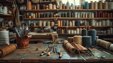 commercial photo, close-up, craft room tools, bottom view, soft light