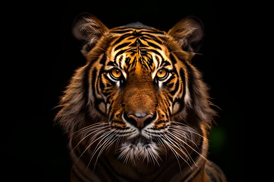 Tiger portrait, symmetrical composition, black background.