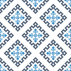 Cross Stitch embroidery seamless.Geometric pixel ethnic patterns. American, Mexican,African, mediterranean, nordic,Aztec style.Trendy folk art background design for products, fabric, ,print,decorate.