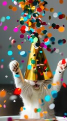 Obraz premium A white cheerful cat in a golden festive hat is surrounded by multi-colored confetti.