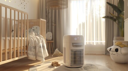 A 3D render of a baby room air purifier