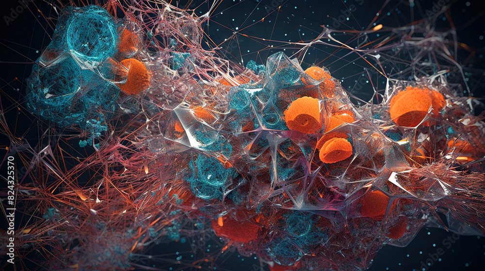 Poster abstract scientific concept with connected cells and particles. science microscopic background.