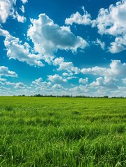 Obraz premium Beautiful Green Grass Landscape Blue Sky White Clouds Farmland Expansive View Nature Background