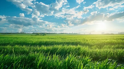 Fototapeta premium Beautiful Green Grass Landscape Blue Sky White Clouds Farmland Expansive View Nature Background