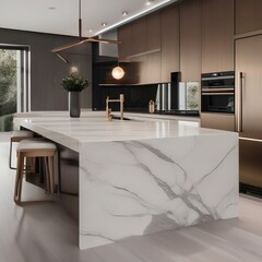 Obraz premium Modern kitchen with white cabinets and a marble island2