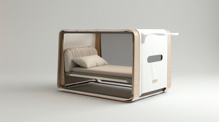 A 3D render of a foldable travel crib with a soft mattress