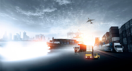 Container truck in ship port for business Logistics and transportation of Container Cargo ship and...