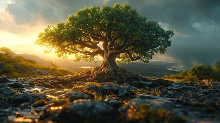 Obraz premium A love that endures through trials and tribulations, represented by a tree with deep roots weathering a storm, symbolizing the resilience, strength, stock image