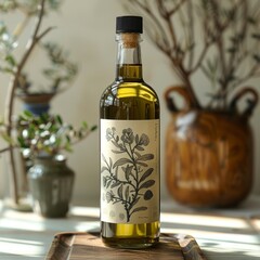 The image shows a bottle of olive oil with a black cap
