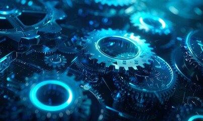 Futuristic Concept with Digital Cogs and Gears in Blue Neon