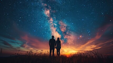 A love that finds strength in shared dreams and aspirations, depicted by two figures gazing up at the stars together, signifying the hope, dreams stock photo