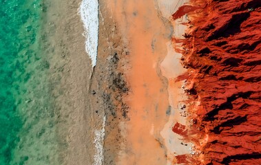 An aerial perspective showing an orange beach with red rocky cliffs and turquoise ocean waves crashing Kimberley Western Australia © Lauren