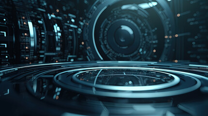 Technology abstract background with hud styled round interface elements in neon tech light.