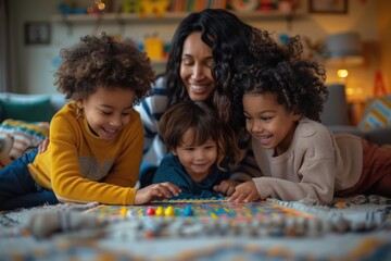 A woman and three children are playing a board game together