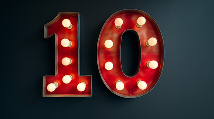 A large red light-up metal number "10" with white lamp lights on the edges of digit