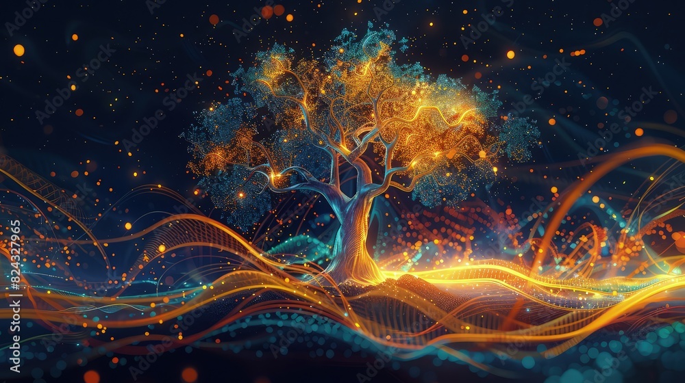 Wall mural an imaginative idea illustration showcasing a tree with glowing branches and abstract patterns, symb