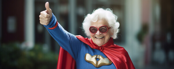 A senior woman dressed as a superhero gives a thumbs-up
