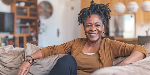 Happy black woman is relaxing on her couch