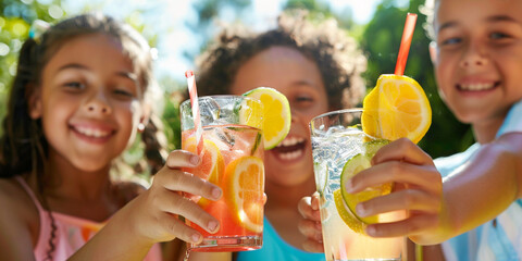 Children are enjoying lemonade at a summer party