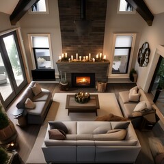 Overhead shot of a cozy living room with a fireplace and pillows3