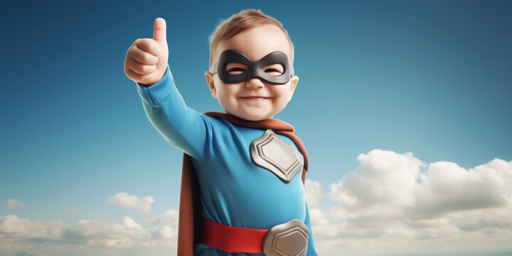 A baby boy dressed as a superhero gives a thumbs-up