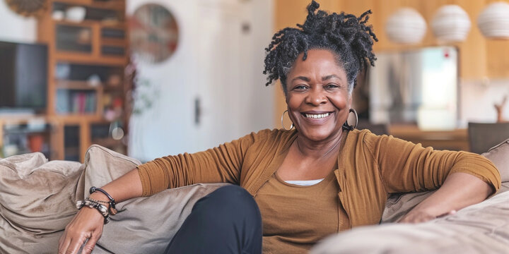 Happy black woman is relaxing on her couch