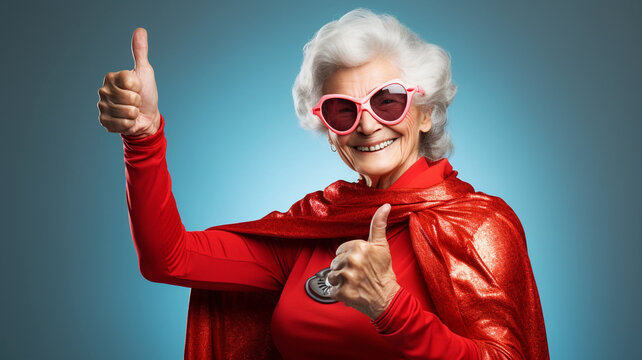 A senior woman dressed as a superhero gives a thumbs-up