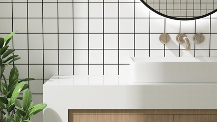 Close up of white bathroom vanity counter, washbasin, chrome faucet, mirror in sunlight on square...
