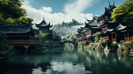 Beautiful Chinese Rural Village Traditional Houses With Mountains and River Landscape Background