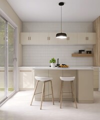 Modern, luxury kitchen with ivory cream built in cabinet, cupboard, kitchen island and white tile...
