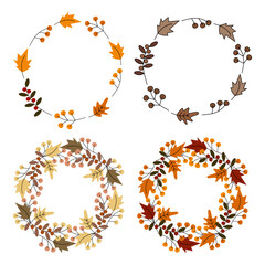 Autumn wreaths of leaves, berries and twigs in trendy shades Copy space Set of 4 Greetings Template