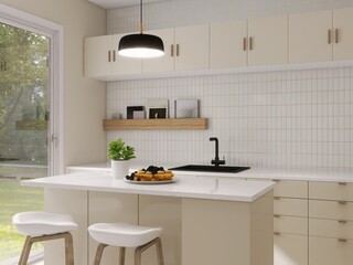 Modern, luxury kitchen with ivory cream built in cabinet, cupboard, kitchen island and white tile splashback in sunlight from glass door for interior design, product background 3D