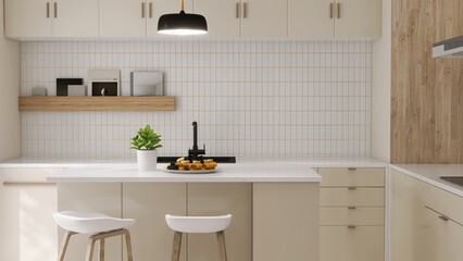 Modern, luxury kitchen with ivory cream built in cabinet, cupboard, kitchen island and white tile splashback in sunlight from glass door for interior design, product background 3D