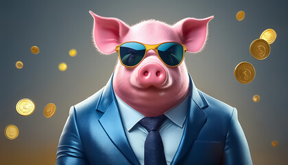 
businessman with piggy bank, pig in suit, pig, money, suit