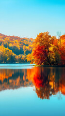 Tranquil Autumn Reflections: A Serene Lake Surrounded by Vibrant Fall Foliage in a Picturesque Landscape