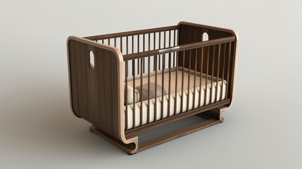 A detailed 3D render of a baby crib with a convertible design