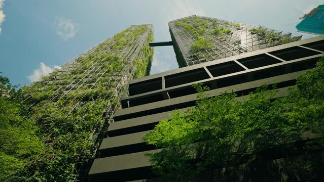Tall modern buildings covered in vertical gardens, showcasing urban greenery and sustainable architecture. Eco-friendly. Innovative construction