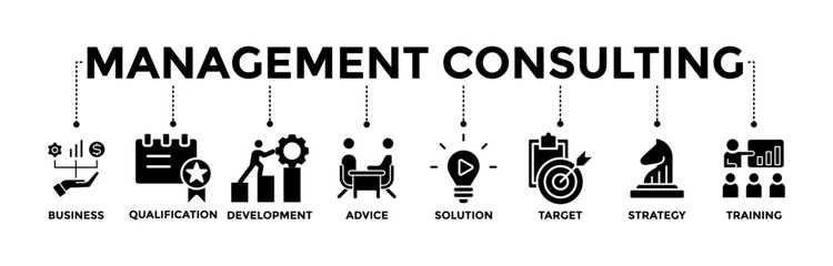 Management consulting icons set. Vector graphic glyph style with icon of business, qualification, development, advice, solution, target, strategy, training