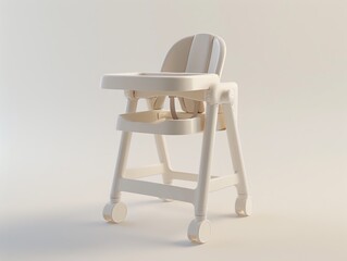 A realistic 3D render of a multifunctional baby high chair with a feeding tray