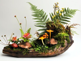 A forestthemed ikebana with ferns, mushrooms, and woodland flowers