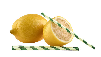 whole and cut lemon, lemon with a paper straw