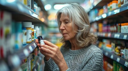 Woman reading supplement labels in a health store