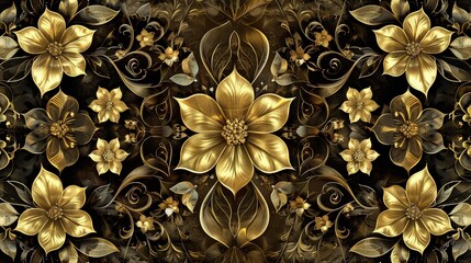 An intricate abstract gold floral texture with symmetrical patterns of delicate blossoms and twining leaves, offering a luxurious look.