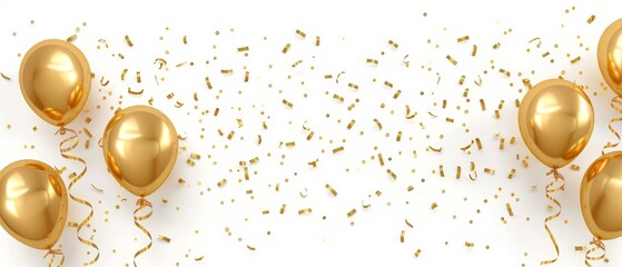 Gold balloon birthday card, White background celebration, Confetti ribbon illustration, Golden isolated decoration, Blue 3D party