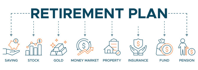 Banner retirement planning icon illustration. Retirement Plan Growth Concept with icons saving, stock, gold, money market, property, insurance, fund and pension