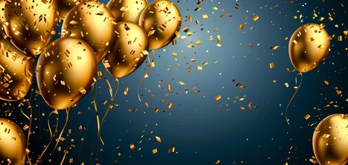 Elegant anniversary celebration, Gold balloon party, Birthday background confetti, Golden isolated illustration, Blue ribbon decoration