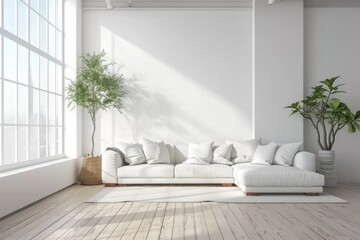 Airy Elegance: Minimalist White Living Room with Scandinavian Style and Big Window