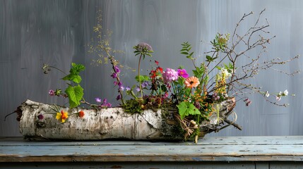 A rustic ikebana arrangement with wildflowers and birch bark